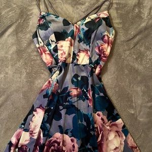 Honey and Rosie Spaghetti Strap Purple Floral Velvet Mini Dress.